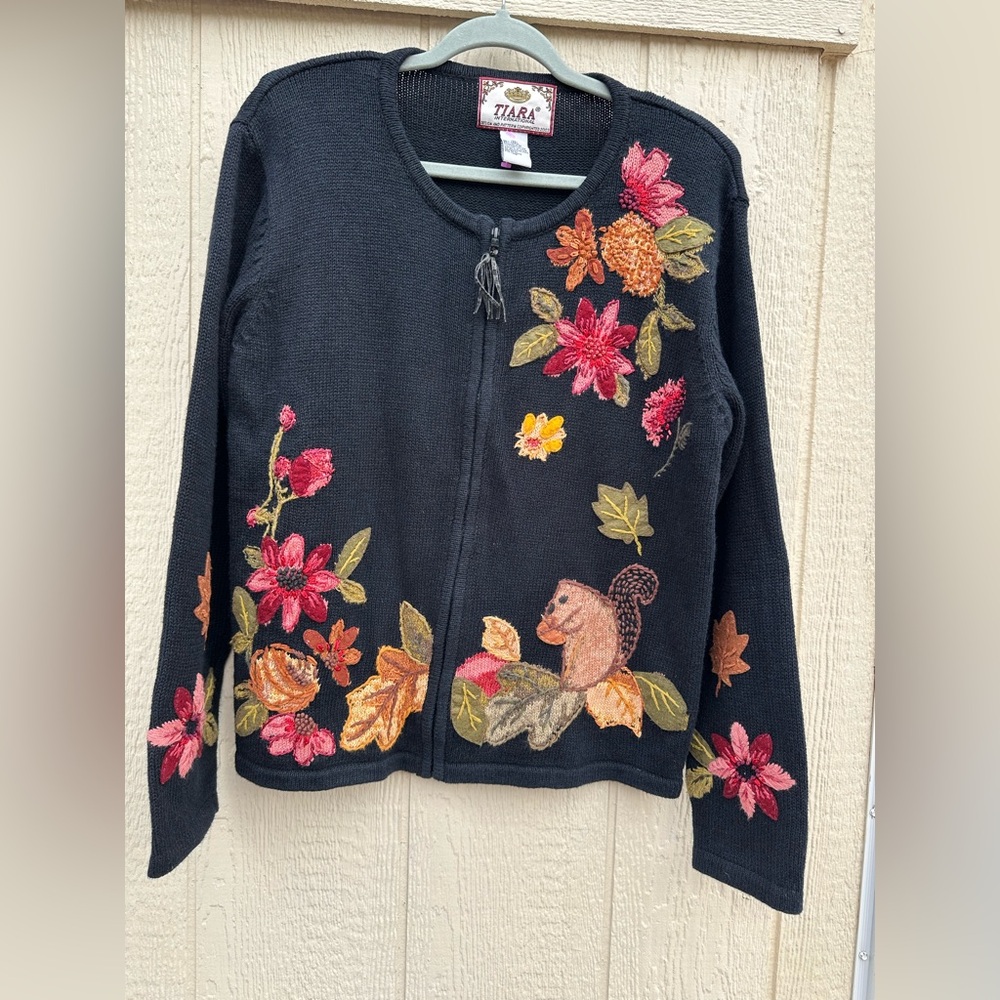 Tiara Black  Patchwork with Floral and Squirrel Embroidery Zip up Cardigan - Picture 4 of 9